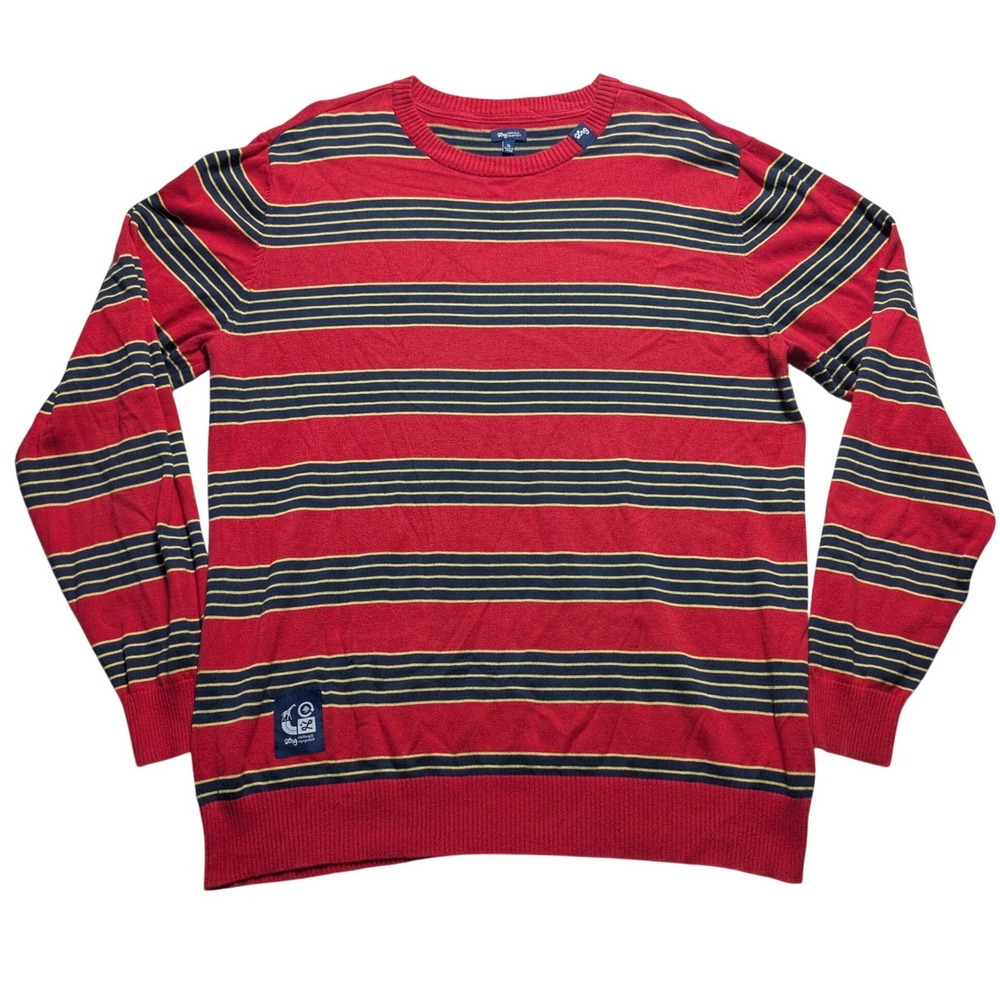 LRG Lifted Research Group Mens XL Striped Crewneck Sweater Red Navy Yellow